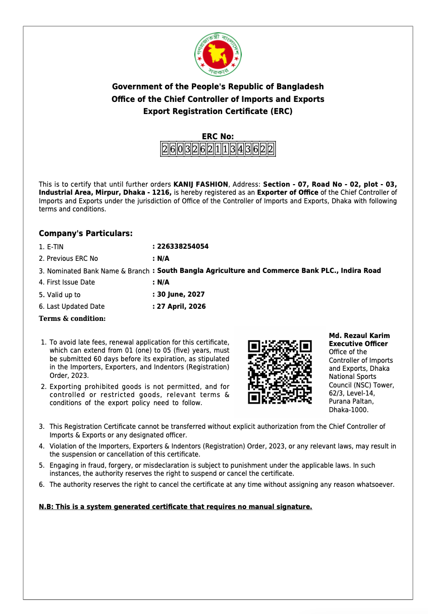 Kanij Fashion Export Registration Certificate
