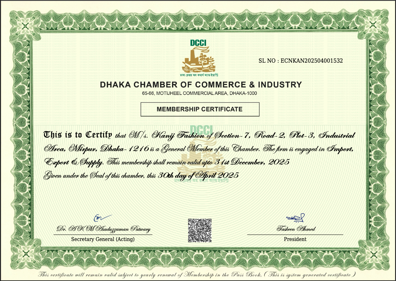Kanij Fashion Dhaka Chamber of Commerce and Industry Membership Certificate